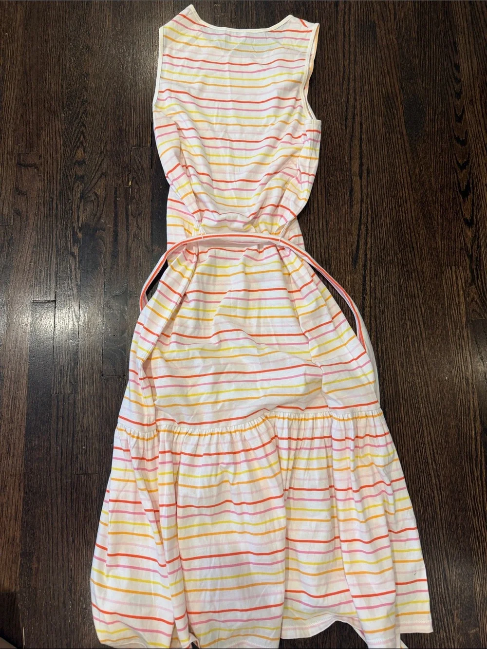 J. Crew Sleeveless Stripe Tie-Waist Maxi Dress in Pastel Pink, Yellow & Peach